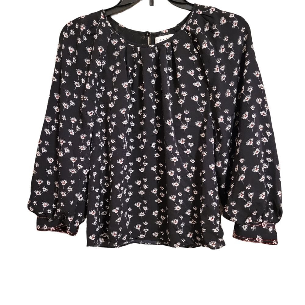 Tanya Taylor Black Silk Floral Blouse